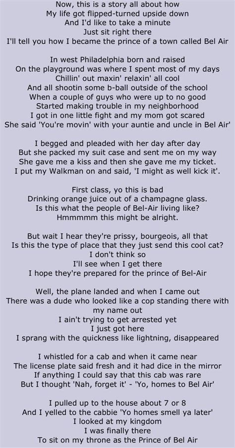 lyrics of fresh prince of bel air